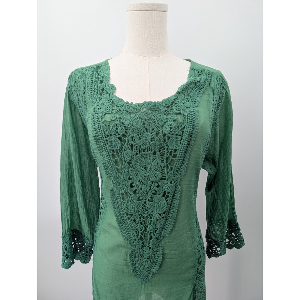 Boho Green Sheer Embroidered Crochet Tunic Top Size XL Cotton Lightweight - Picture 2 of 7